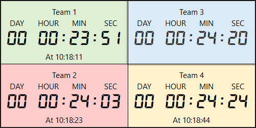 multiple colored timers with team labels