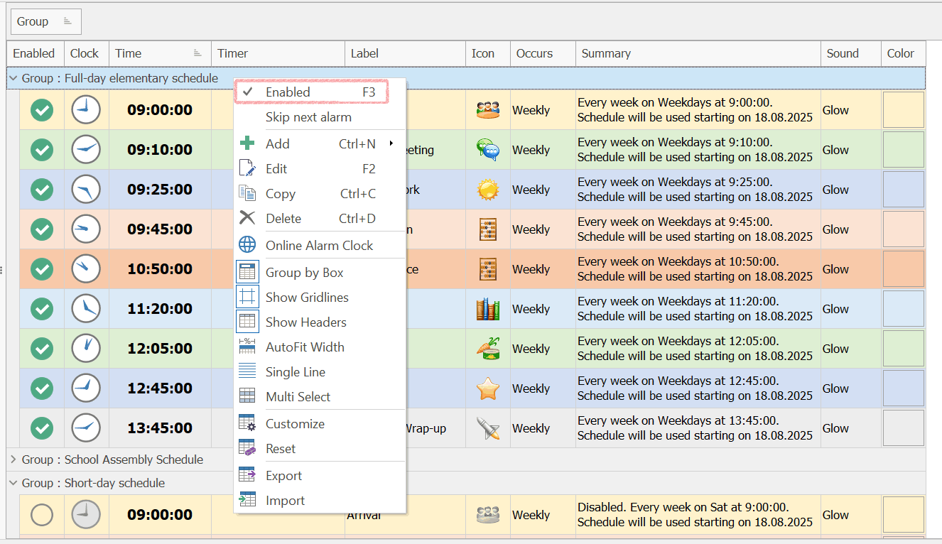 schedule profiles switcher for full day and short day
