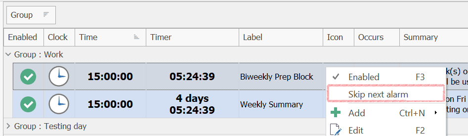 skip next alarm and recurring rule settings