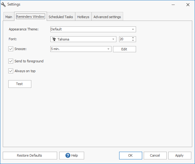 Reminders Window Settings