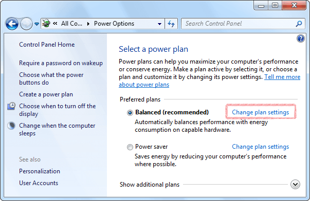 Energiesparplaneinstellungen ändern