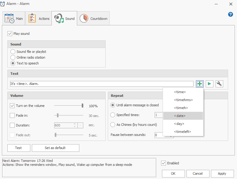 Text-to-speech alarm